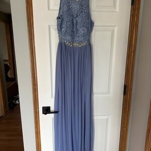 BCX Dress Womens 5 Dusty Blue Lace Sequin Rhinestone Halter Formal Maxi Gown